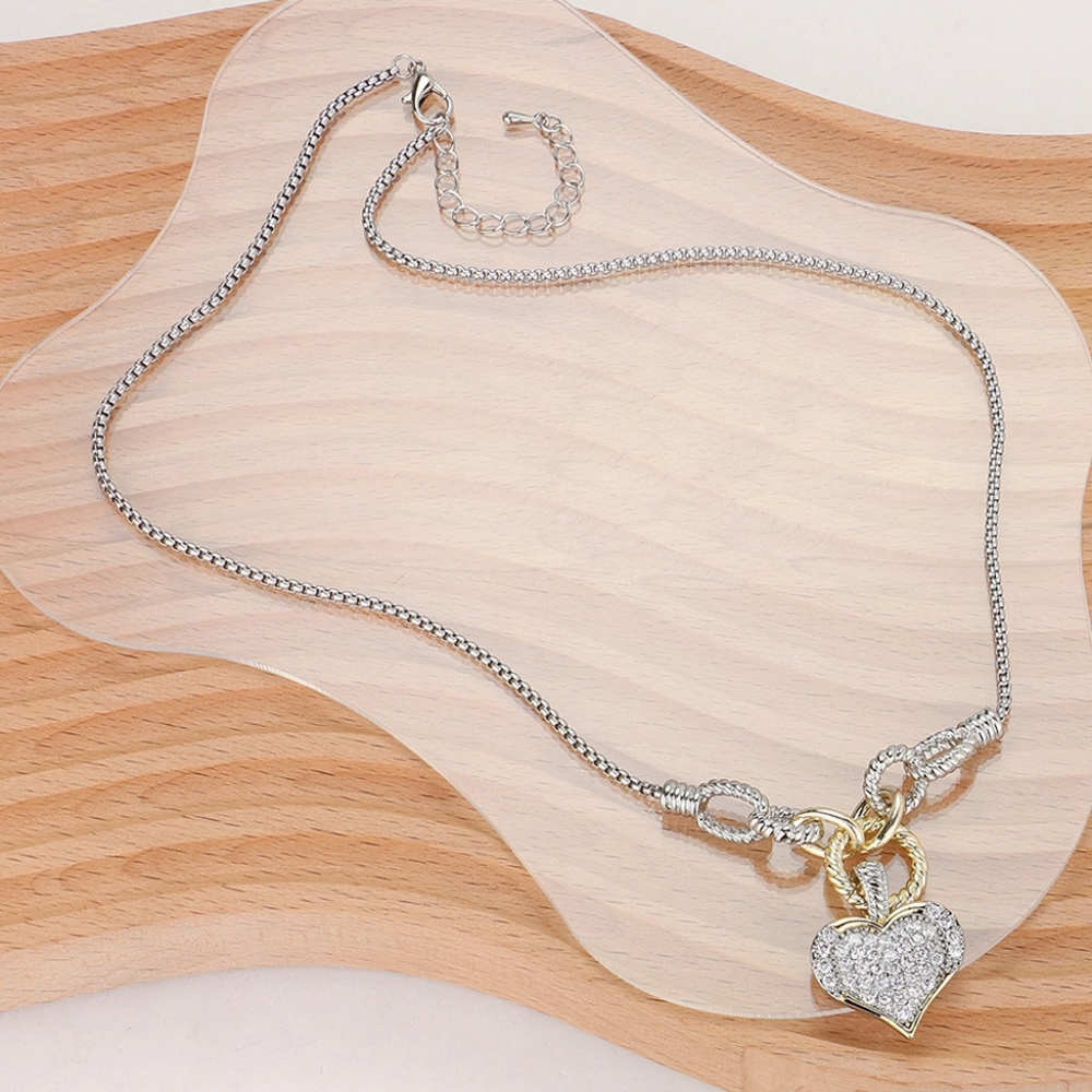 Two Tone 14K Gold Plated CZ Heart Charm Pendant Necklace Statement Jewelry - Picture 3 of 3